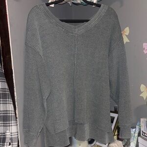 Aerie Gray V-Neck Waffle Knit Sweater